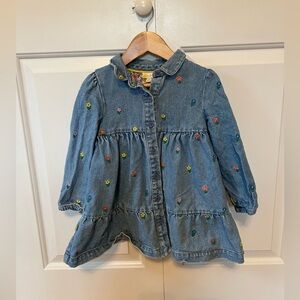 Mini Boden Blue Denim Dress with Colorful Embroidery